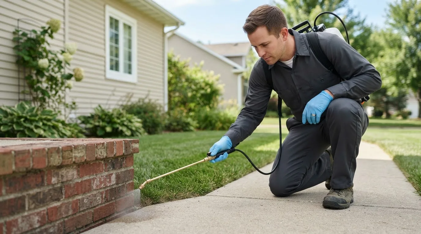 Pest control technician treating a home near Harwood, ND