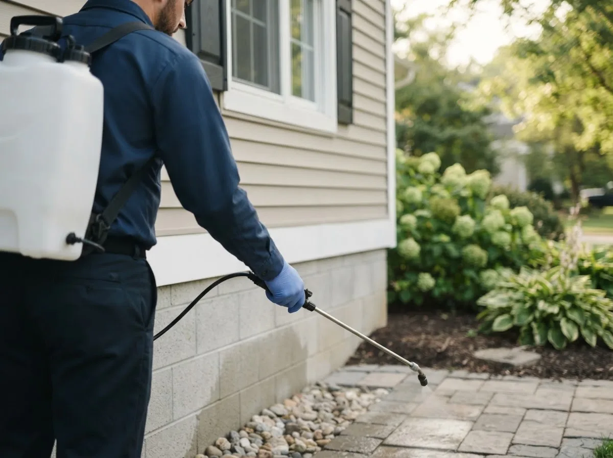 Pest control technician inspecting a home in Harwood, ND